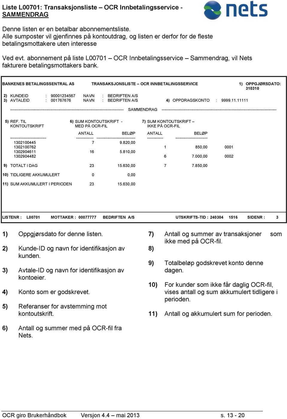 abonnement på liste L00701 OCR Innbetalingsservice Sammendrag, vil Nets fakturere betalingsmottakers bank.