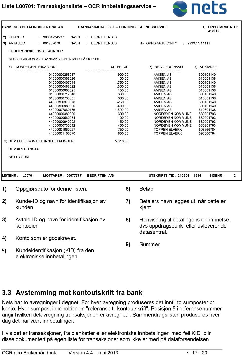 11111 ELEKTRONISKE INNBETALINGER SPESIFIKASJON AV TRANSAKSJONER MED PÅ OCR-FIL 5) KUNDEIDENTIFIKASJON 6) BELØP 7) BETALERS NAVN 8) ARKIVREF.