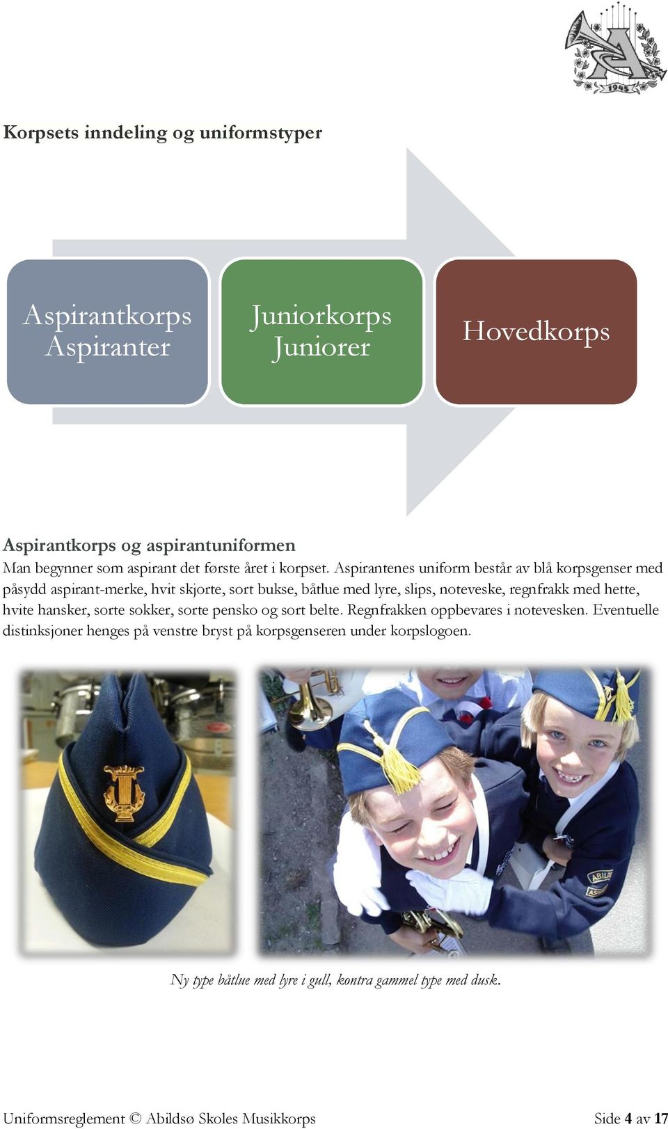 Aspirantenes uniform består av blå korpsgenser med påsydd aspirant-merke, hvit skjorte, sort bukse, båtlue med lyre, slips, noteveske, regnfrakk med hette,