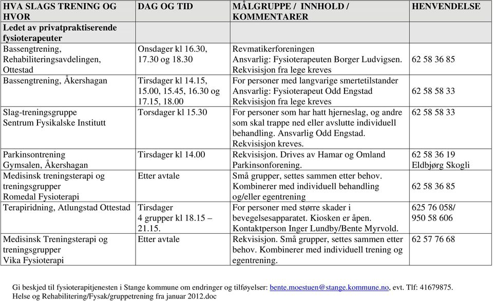 00 Gymsalen, Åkershagan Medisinsk treningsterapi og Etter avtale treningsgrupper Romedal Fysioterapi Terapiridning, Atlungstad Ottestad Tirsdager 4 grupper kl 18.15 