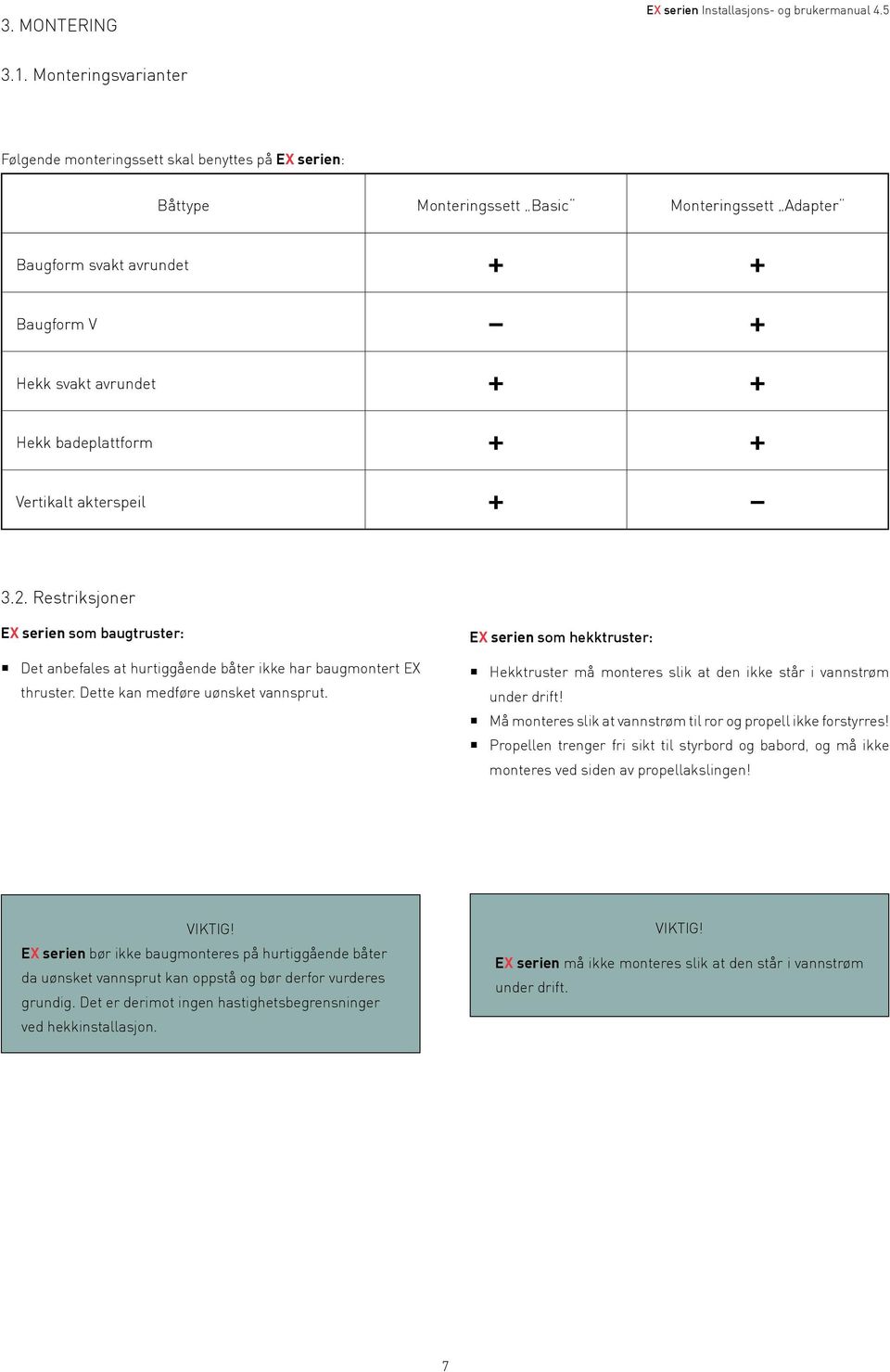 badeplattform + + Vertikalt akterspeil + 3.2. Restriksjoner EX serien som baugtruster: Det anbefales at hurtiggående båter ikke har baugmontert EX thruster. Dette kan medføre uønsket vannsprut.