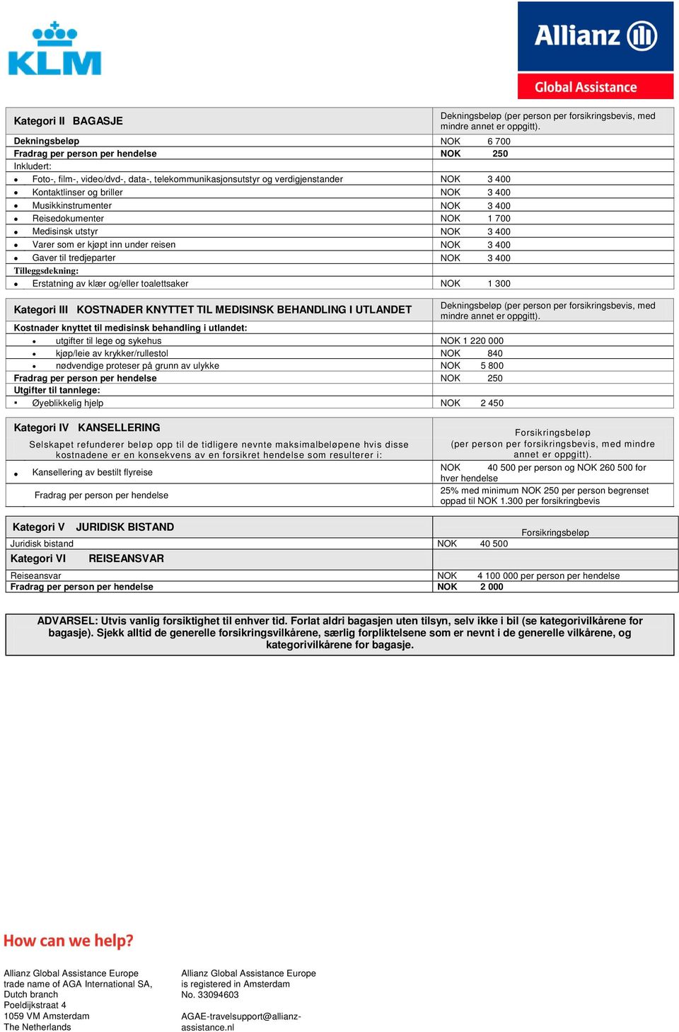 Musikkinstrumenter NOK 3 400 Reisedokumenter NOK 1 700 Medisinsk utstyr NOK 3 400 Varer som er kjøpt inn under reisen NOK 3 400 Gaver til tredjeparter NOK 3 400 Tilleggsdekning: Erstatning av klær