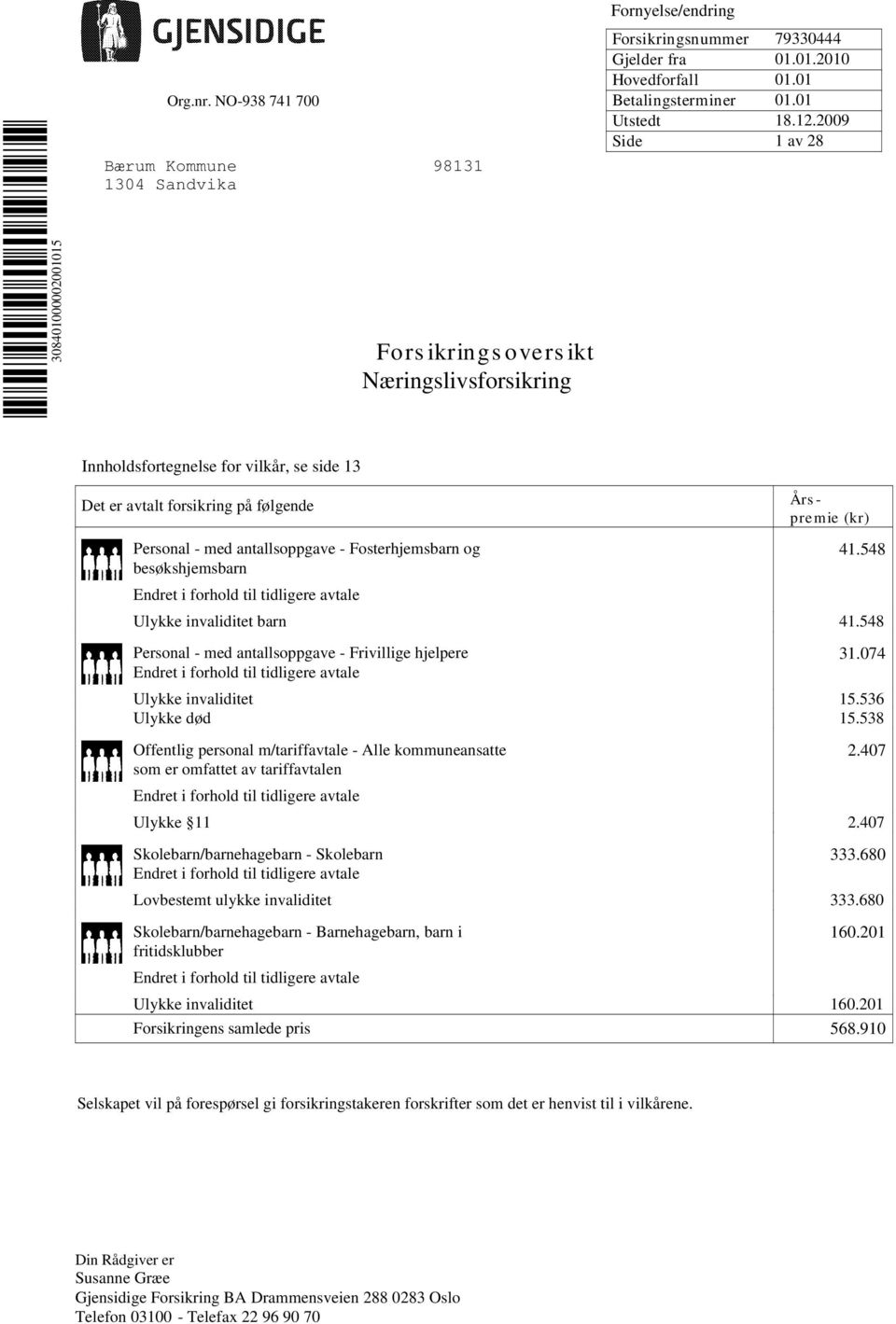 Fosterhjemsbarn og besøkshjemsbarn Endret i forhold til tidligere avtale Års - premie (kr) 41.548 Ulykke invaliditet barn 41.