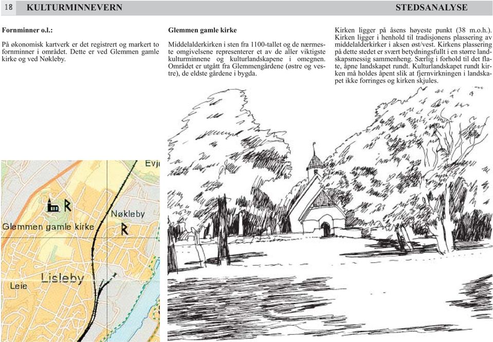 Området er utgått fra Glemmengårdene (østre og vestre), de eldste gårdene i bygda. Kirken ligger på åsens høyeste punkt (38 m.o.h.). Kirken ligger i henhold til tradisjonens plassering av middelalderkirker i aksen øst/vest.