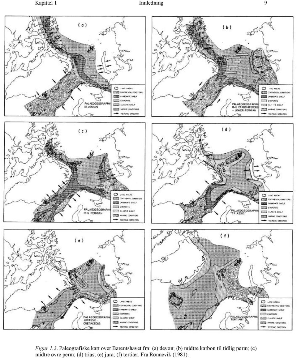 devon; (b) midtre karbon til tidlig perm; (c)