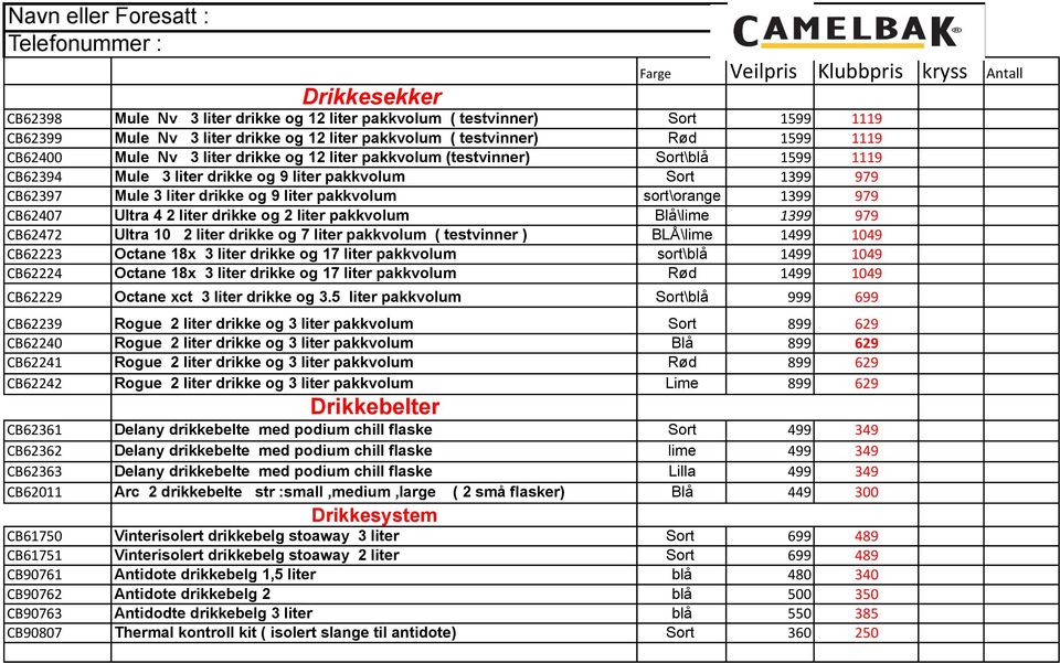 1399 979 CB62397 Mule 3 liter drikke og 9 liter pakkvolum sort\orange 1399 979 CB62407 Ultra 4 2 liter drikke og 2 liter pakkvolum Blå\lime 1399 979 CB62472 Ultra 10 2 liter drikke og 7 liter