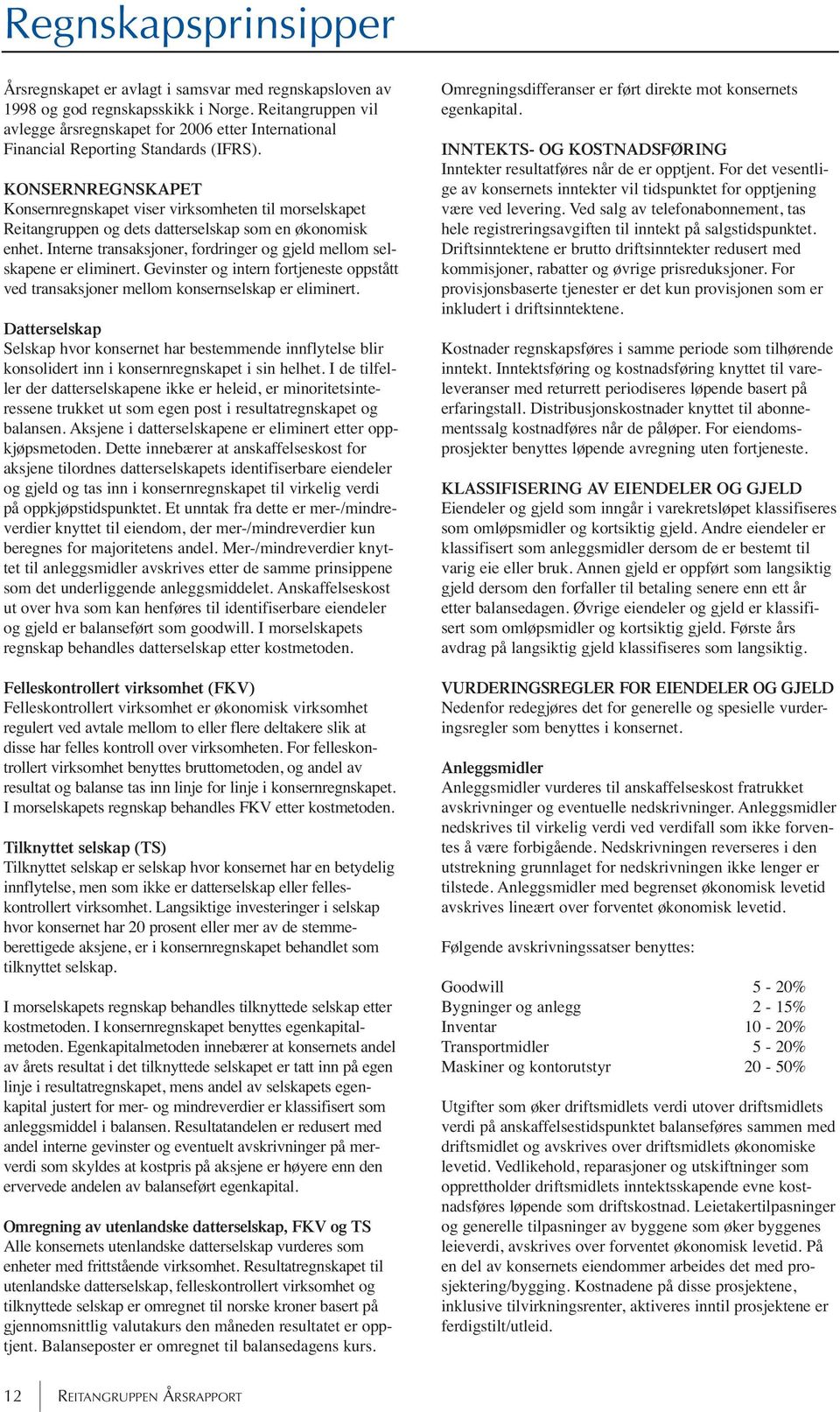 KONSERNREGNSKAPET regnskapet viser virksomheten til morselskapet Reitangruppen og dets datterselskap som en økonomisk enhet. Interne transaksjoner, fordringer og gjeld mellom selskapene er eliminert.