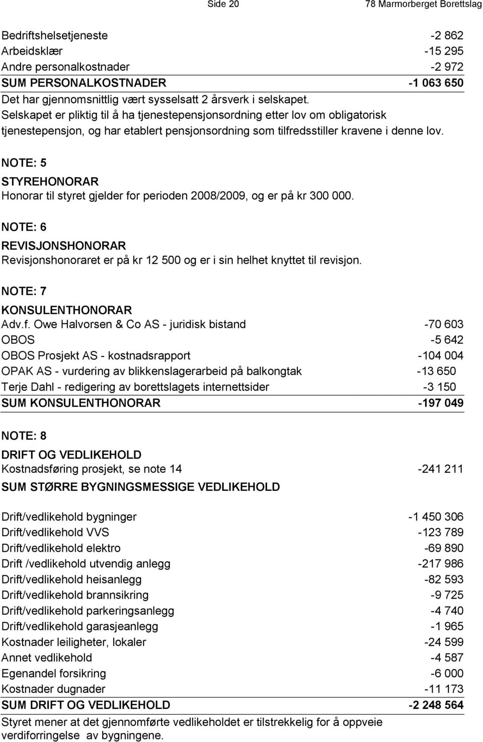 NOTE: 5 STYREHONORAR Honorar til styret gjelder for perioden 2008/2009, og er på kr 300 000. NOTE: 6 REVISJONSHONORAR Revisjonshonoraret er på kr 12 500 og er i sin helhet knyttet til revisjon.