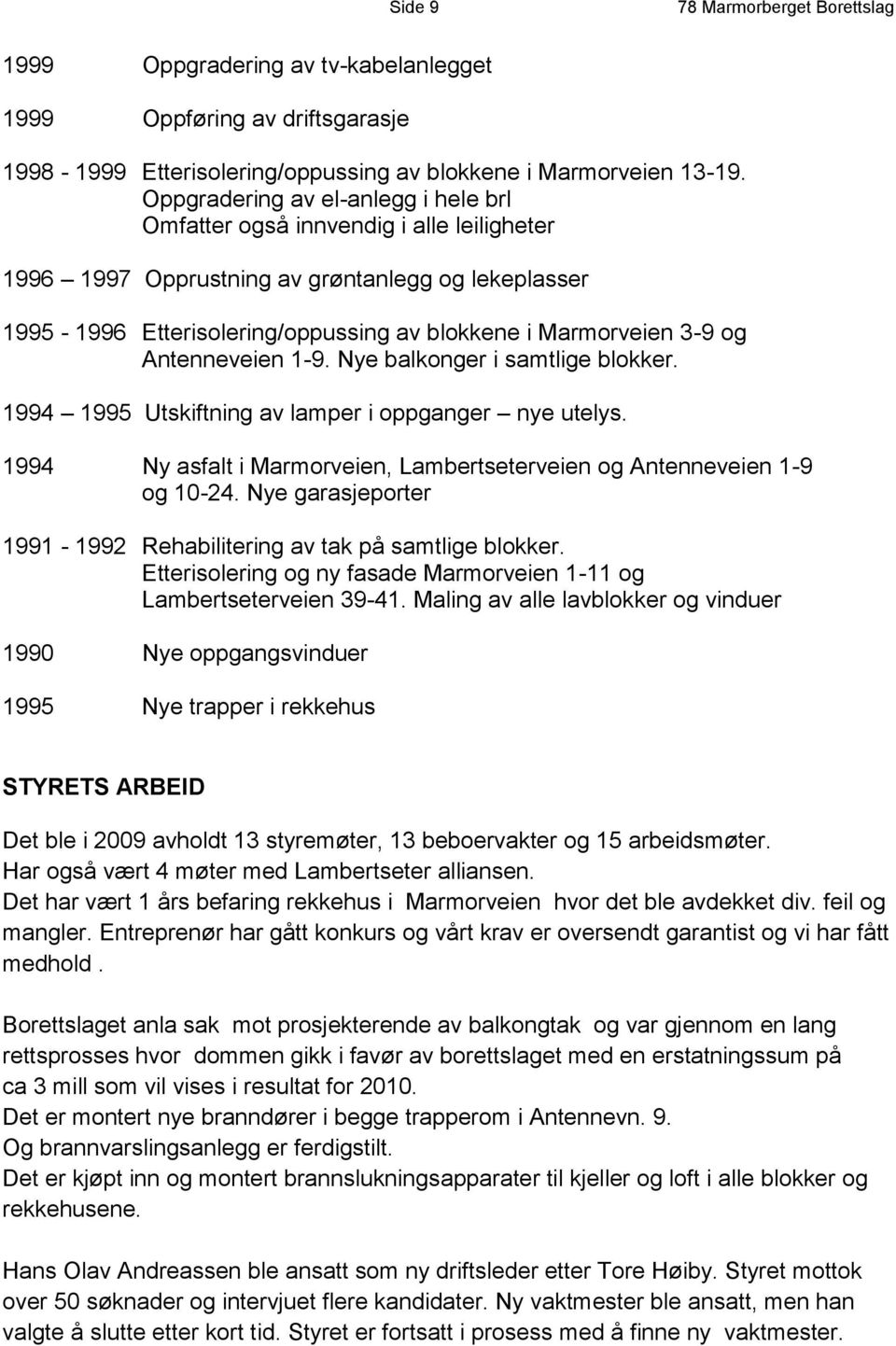 Antenneveien 1-9. Nye balkonger i samtlige blokker. 1994 1995 Utskiftning av lamper i oppganger nye utelys. 1994 Ny asfalt i Marmorveien, Lambertseterveien og Antenneveien 1-9 og 10-24.