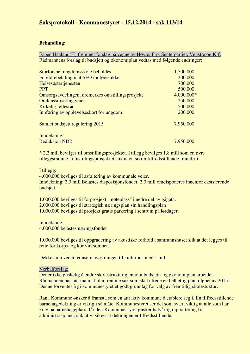 Storforshei ungdomsskole beholdes 1.500.000 Foreldrebetaling mat SFO innføres ikke 300.000 Helsesøstertjenesten 700.000 PPT 500.000 Omsorgsavdelingen, øremerkes omstillingsprosjekt 4.000.000* Omklassifisering veier 250.