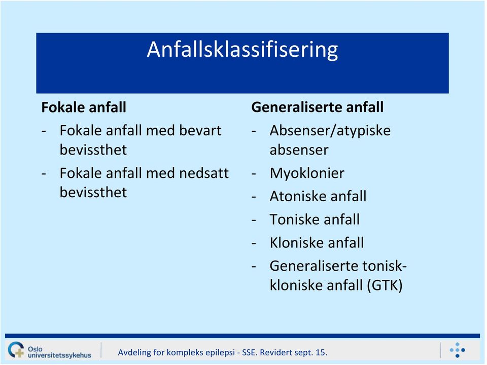 anfall Absenser/atypiske absenser Myoklonier Atoniske anfall