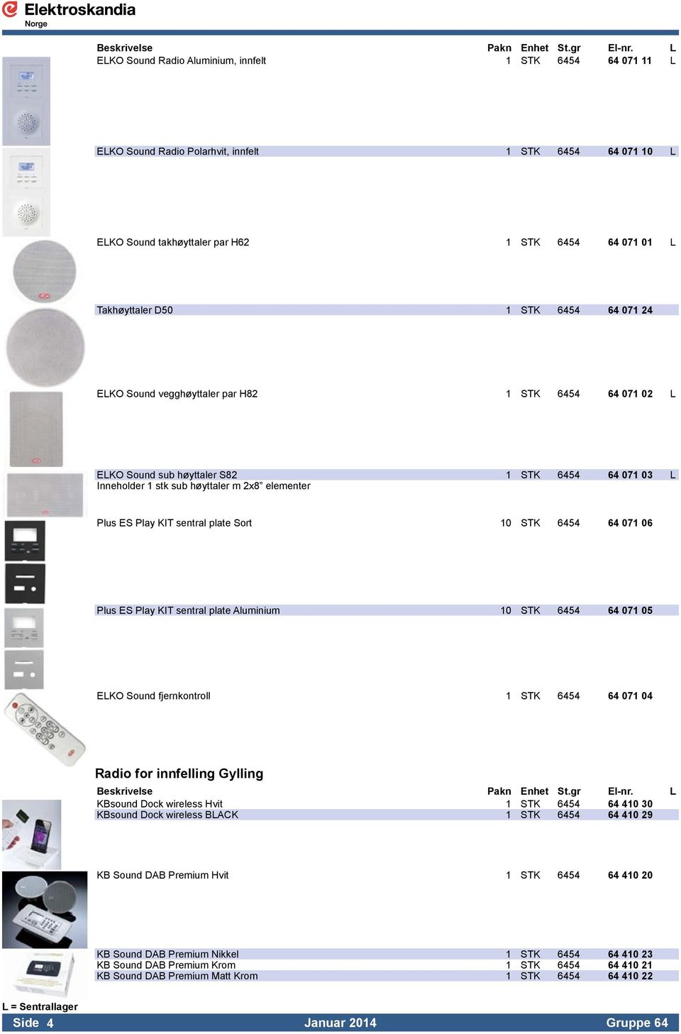 plate Sort 10 STK 6454 64 071 06 Plus ES Play KIT sentral plate Aluminium 10 STK 6454 64 071 05 ELKO Sound fjernkontroll 1 STK 6454 64 071 04 Radio for innfelling Gylling KBsound Dock wireless Hvit 1