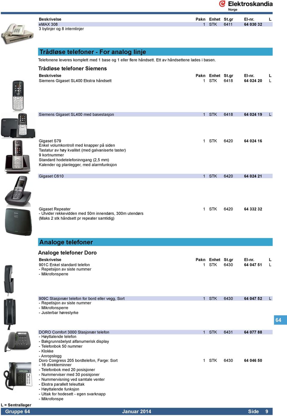 volumkontroll med knapper på siden Tastatur av høy kvalitet (med galvaniserte taster) 9 kortnummer Standard hodetelefoninngang (2,5 mm) Kalender og planlegger, med alarmfunksjon Gigaset C610 1 STK