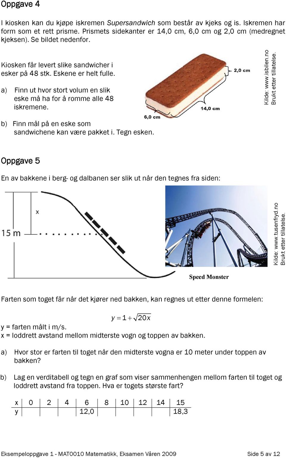 no Brukt etter tillatelse. b) Finn mål på en eske som sandwichene kan være pakket i. Tegn esken. Oppgave 5 En av bakkene i berg- og dalbanen ser slik ut når den tegnes fra siden: Kilde: www.tusenfryd.