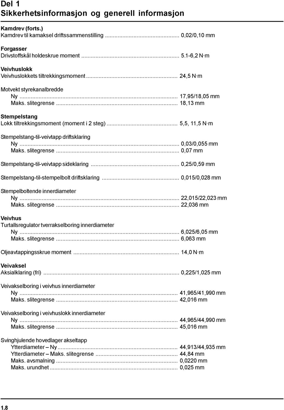 .. 5,5, 11,5 N m Stempelstang-til-veivtapp driftsklaring Ny... 0,03/0,055 mm Maks. slitegrense... 0,07 mm Stempelstang-til-veivtapp sideklaring.