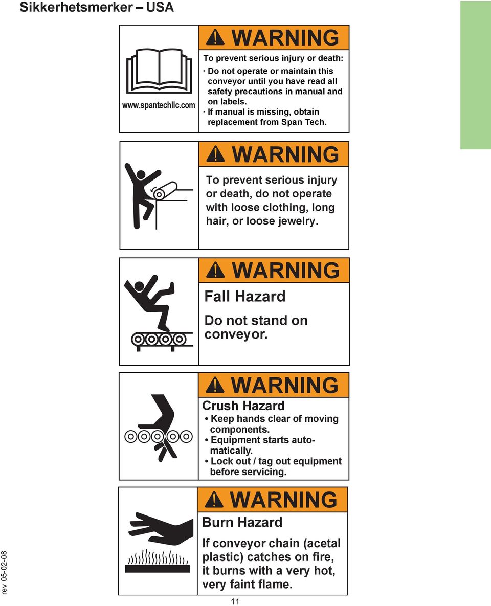 If manual is missing, obtain replacement from Span Tech. WARNING To prevent serious injury or death, do not operate with loose clothing, long hair, or loose jewelry.