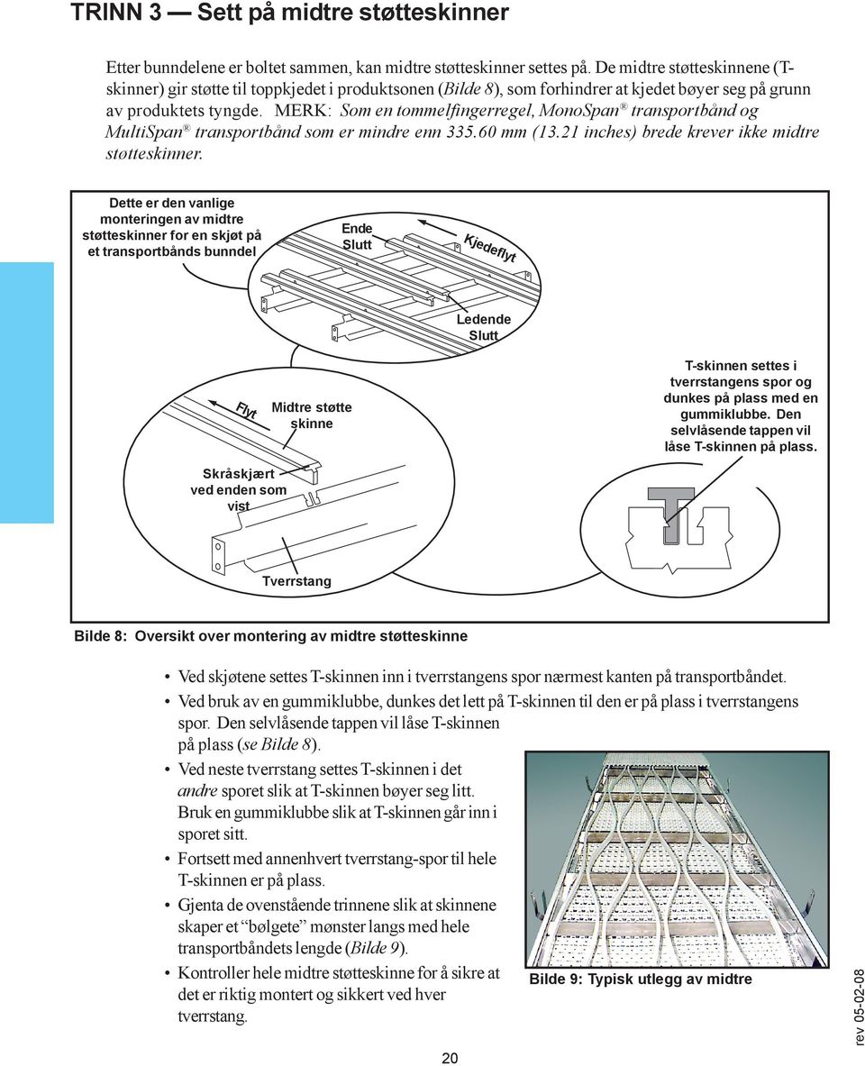 MERK: Som en tommelfingerregel, MonoSpan transportbånd og MultiSpan transportbånd som er mindre enn 335.60 mm (13.21 inches) brede krever ikke midtre støtteskinner.
