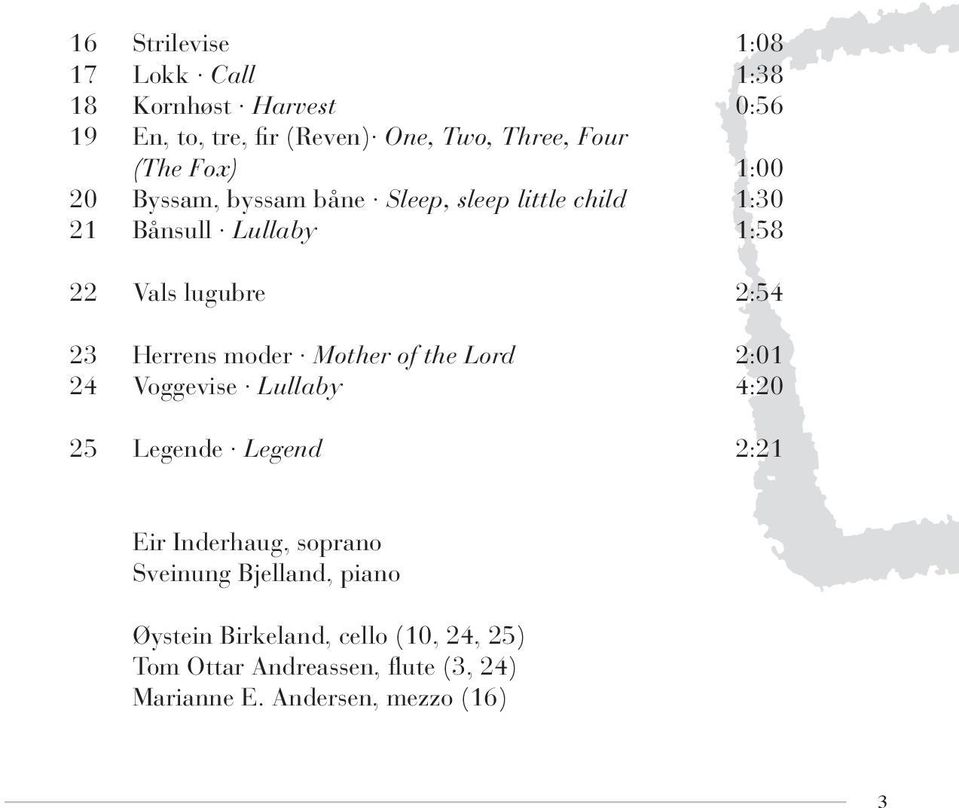 Herrens moder Mother of the Lord 2:01 24 Voggevise Lullaby 4:20 25 Legende Legend 2:21 Eir Inderhaug, soprano