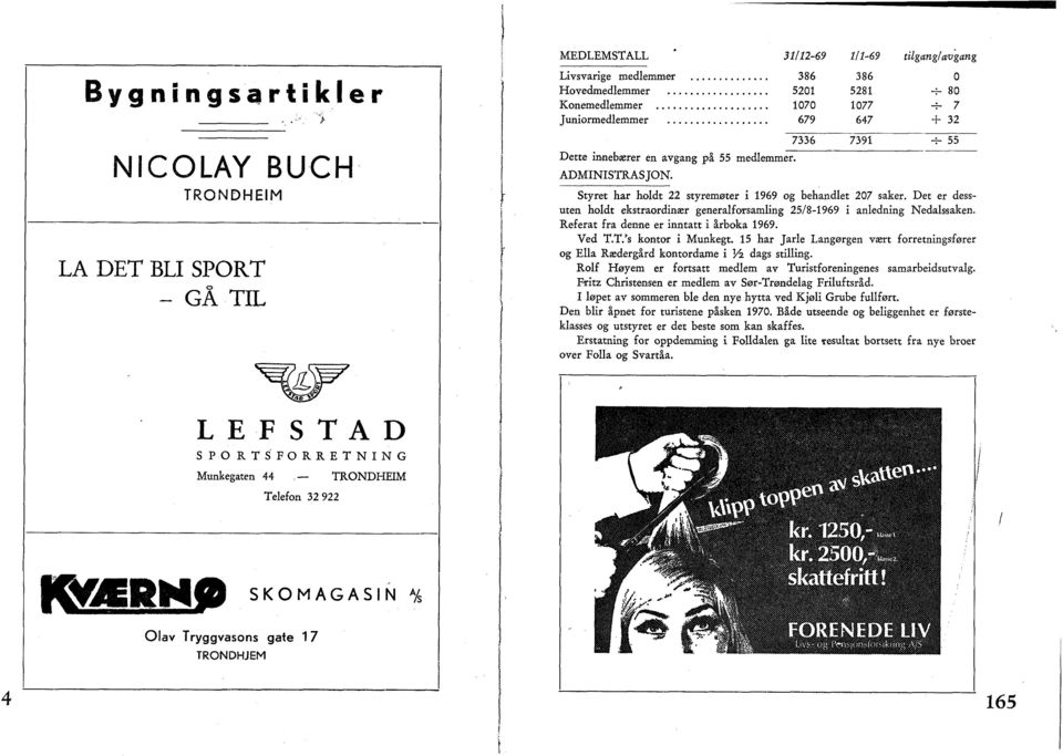 Det er dessuten holdt ekstraordinær generalforsamling 25/8-1969 i anledning Nedalssaken. Referat frå denne er inntatt i årboka 1969. Ved T.T.'s kontor i Munkegt.