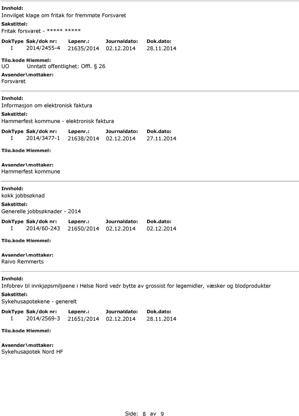 2014 Hammerfest kommune nnhold: kokk jobbsøknad 2014/60-243 21650/2014 Raivo Remmerts nnhold: nfobrev til innkjøpsmiljøene i Helse Nord