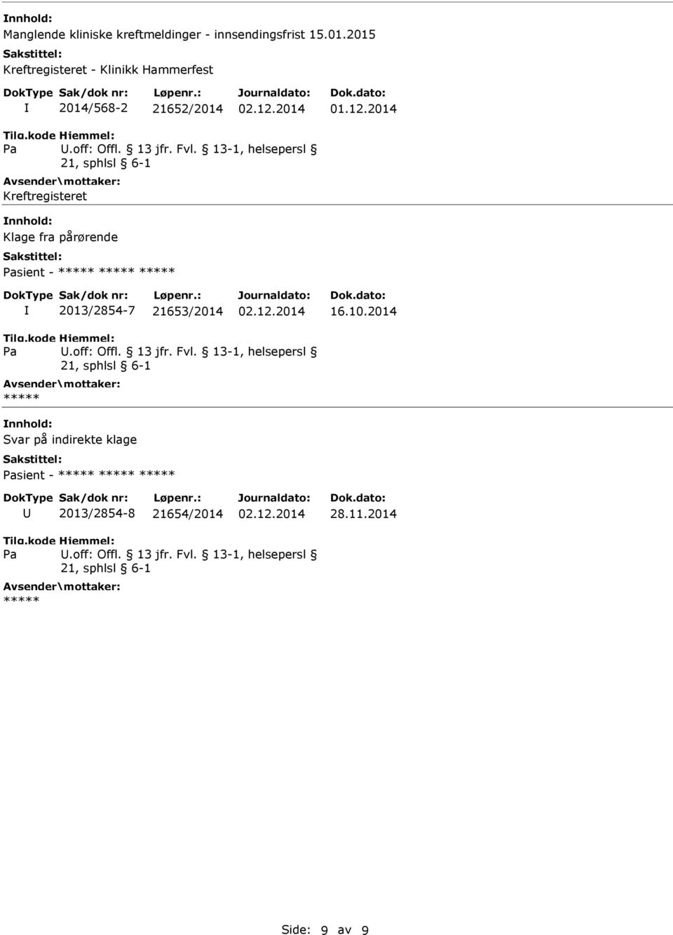 13-1, helsepersl Kreftregisteret nnhold: Klage fra pårørende sient - ***** ***** ***** 2013/2854-7 21653/2014 16.10.