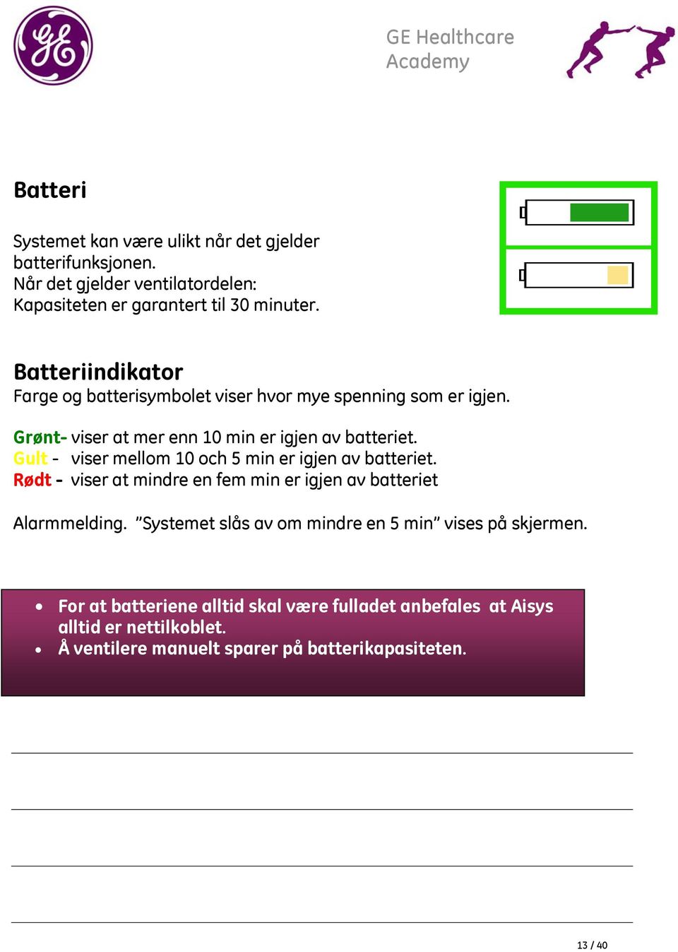 Gult - viser mellom 10 och 5 min er igjen av batteriet. Rødt - viser at mindre en fem min er igjen av batteriet Alarmmelding.