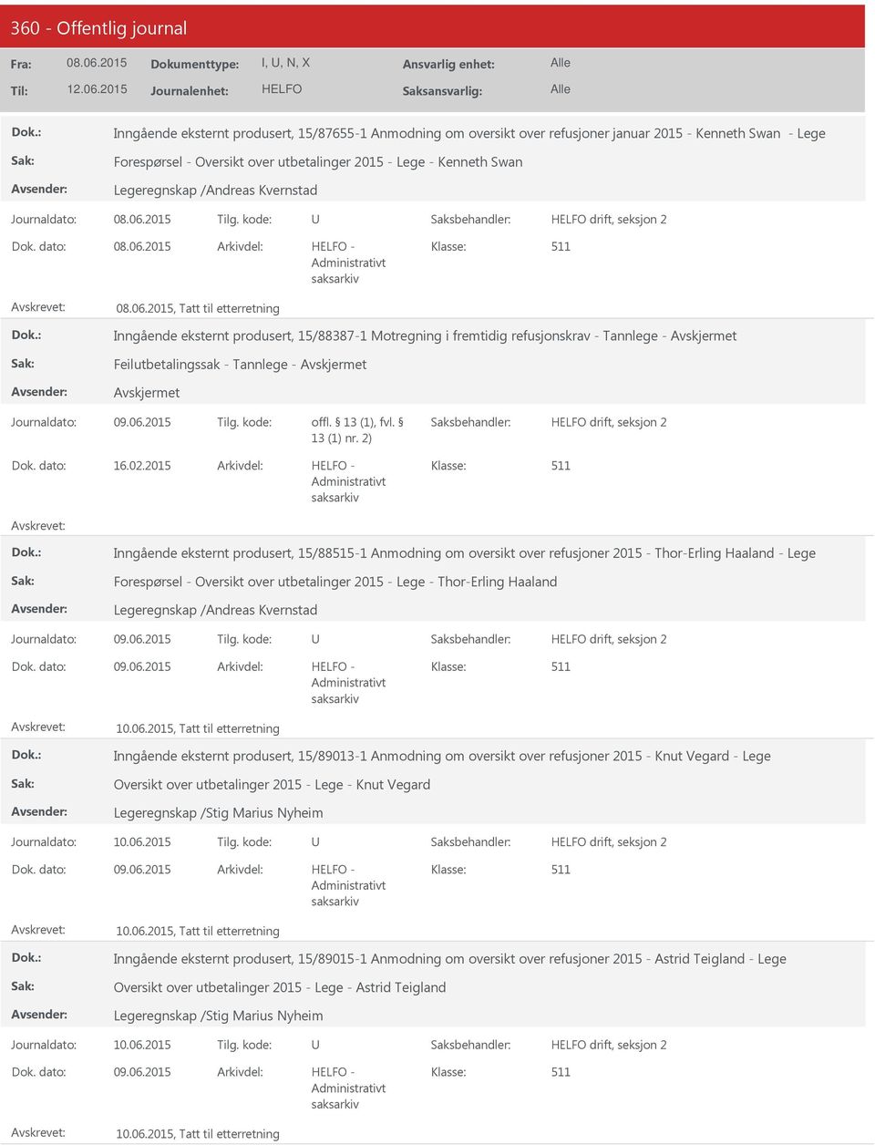 kode: -, Tatt til etterretning Inngående eksternt produsert, 15/88387-1 Motregning i fremtidig refusjonskrav - Tannlege - Feilutbetalingssak - Tannlege - 13 (1) nr. 2) 16.02.