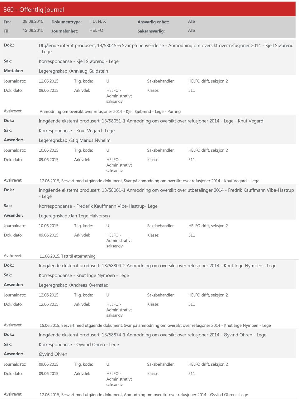 2015 - Anmodning om oversikt over refusjoner 2014 - Kjell Sjøbrend - Lege - Purring Inngående eksternt produsert, 13/58051-1 Anmodning om oversikt over refusjoner 2014 - Lege - Knut Vegard