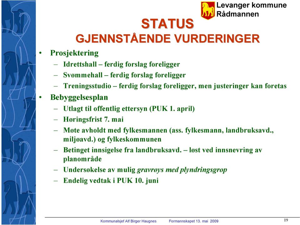 mai Møte avholdt med fylkesmannen (ass. fylkesmann, landbruksavd., miljøavd.) og fylkeskommunen Betinget innsigelse fra landbruksavd.