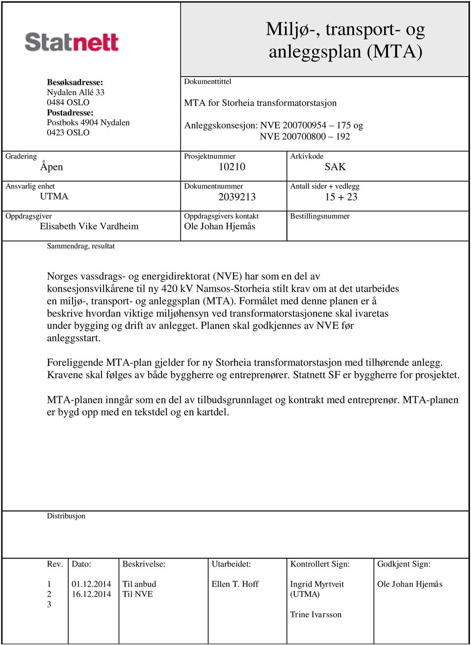 kontakt Ole Johan Hjemås Arkivkode SAK Antall sider + vedlegg 15 + 23 Bestillingsnummer Norges vassdrags og energidirektorat (NVE) har som en del av konsesjonsvilkårene til ny 420 kv Namsos-Storheia