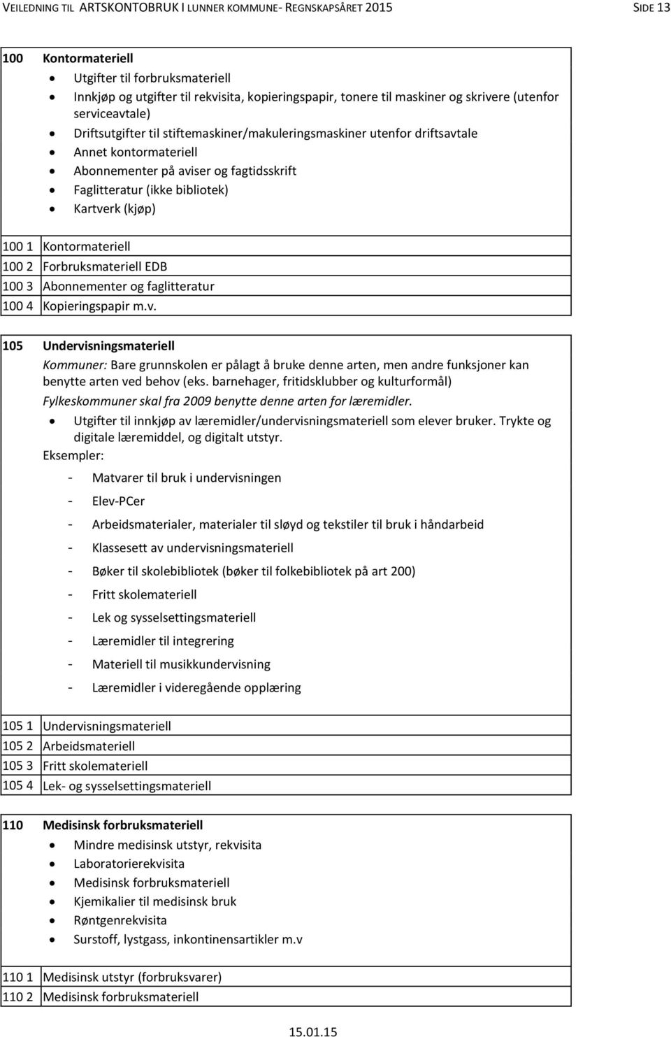 bibliotek) Kartverk (kjøp) 100 1 Kontormateriell 100 2 Forbruksmateriell EDB 100 3 Abonnementer og faglitteratur 100 4 Kopieringspapir m.v. 105 Undervisningsmateriell Kommuner: Bare grunnskolen er pålagt å bruke denne arten, men andre funksjoner kan benytte arten ved behov (eks.