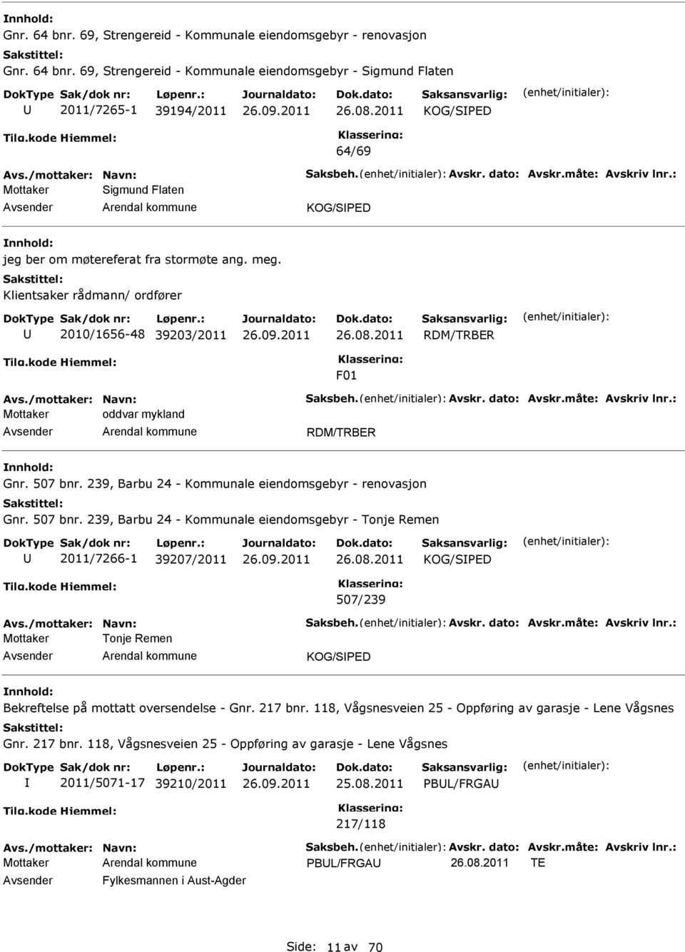 Klientsaker rådmann/ ordfører 2010/1656-48 39203/2011 RDM/TRBR F01 Avs./mottaker: Navn: Saksbeh. Avskr. dato: Avskr.måte: Avskriv lnr.: oddvar mykland RDM/TRBR Gnr. 507 bnr.