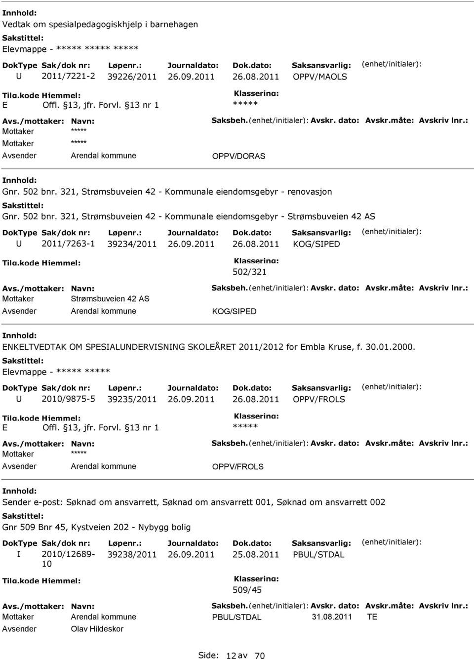 /mottaker: Navn: Saksbeh. Avskr. dato: Avskr.måte: Avskriv lnr.: Strømsbuveien 42 AS KOG/SPD NKLTVDTAK OM SPSALNDRVSNNG SKOLÅRT 2011/2012 for mbla Kruse, f. 30.01.2000.