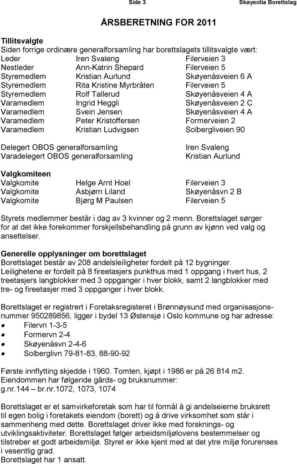 Jensen Skøyenåsveien 4 A Varamedlem Peter Kristoffersen Formerveien 2 Varamedlem Kristian Ludvigsen Solbergliveien 90 Delegert OBOS generalforsamling Varadelegert OBOS generalforsamling Iren Svaleng