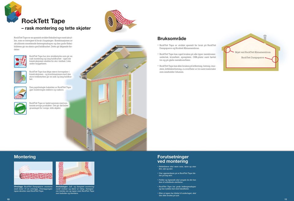 Dette gir følgende fordeler: RockTett Tape har stor strekkstyrke som gir en rask montering og lang holdbarhet - også når konstruksjonen utsettes for stor vindlast, f.eks. under byggefasen.