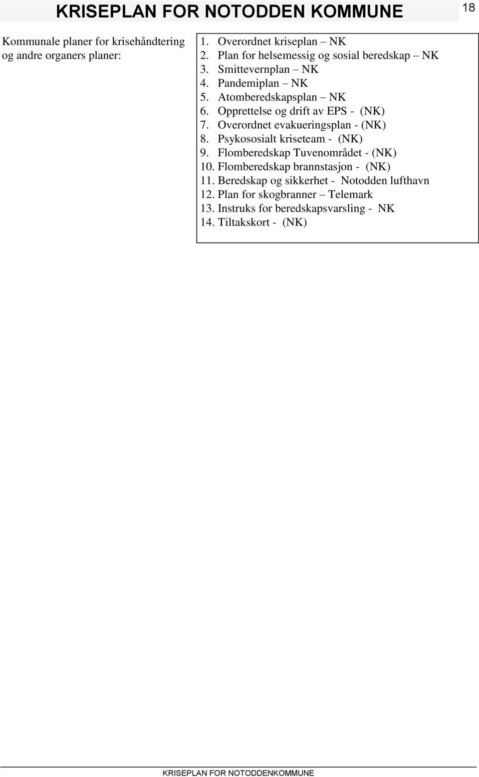 Opprettelse og drift av EPS - (NK) 7. Overordnet evakueringsplan - (NK) 8. Psykososialt kriseteam - (NK) 9.