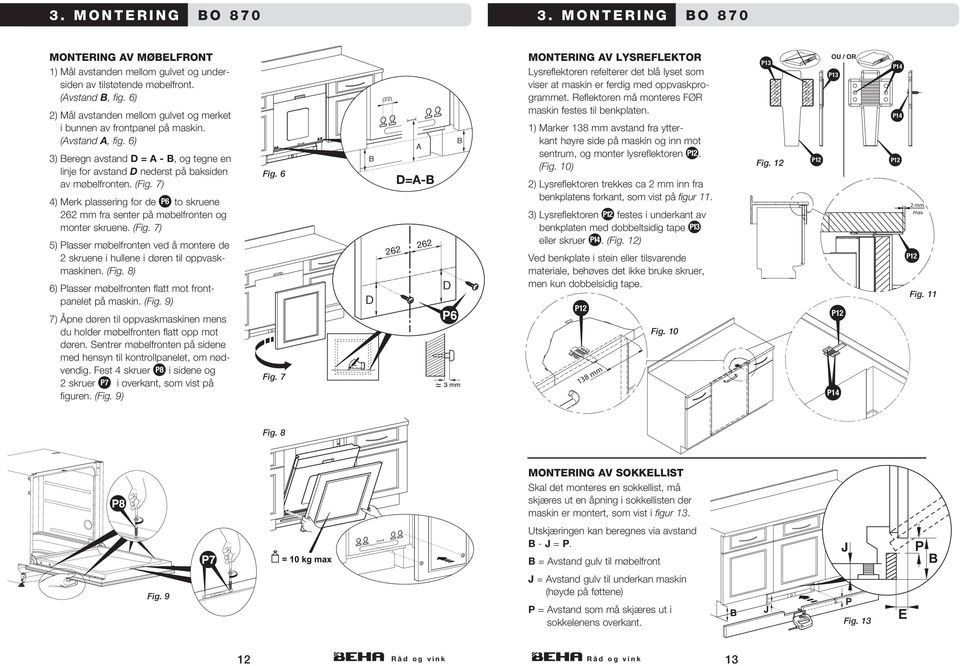 6) 262 262 3) Beregn avstand D = A - B, og tegne en linje for avstand D nederst på baksiden av møbelfronten. (Fig.