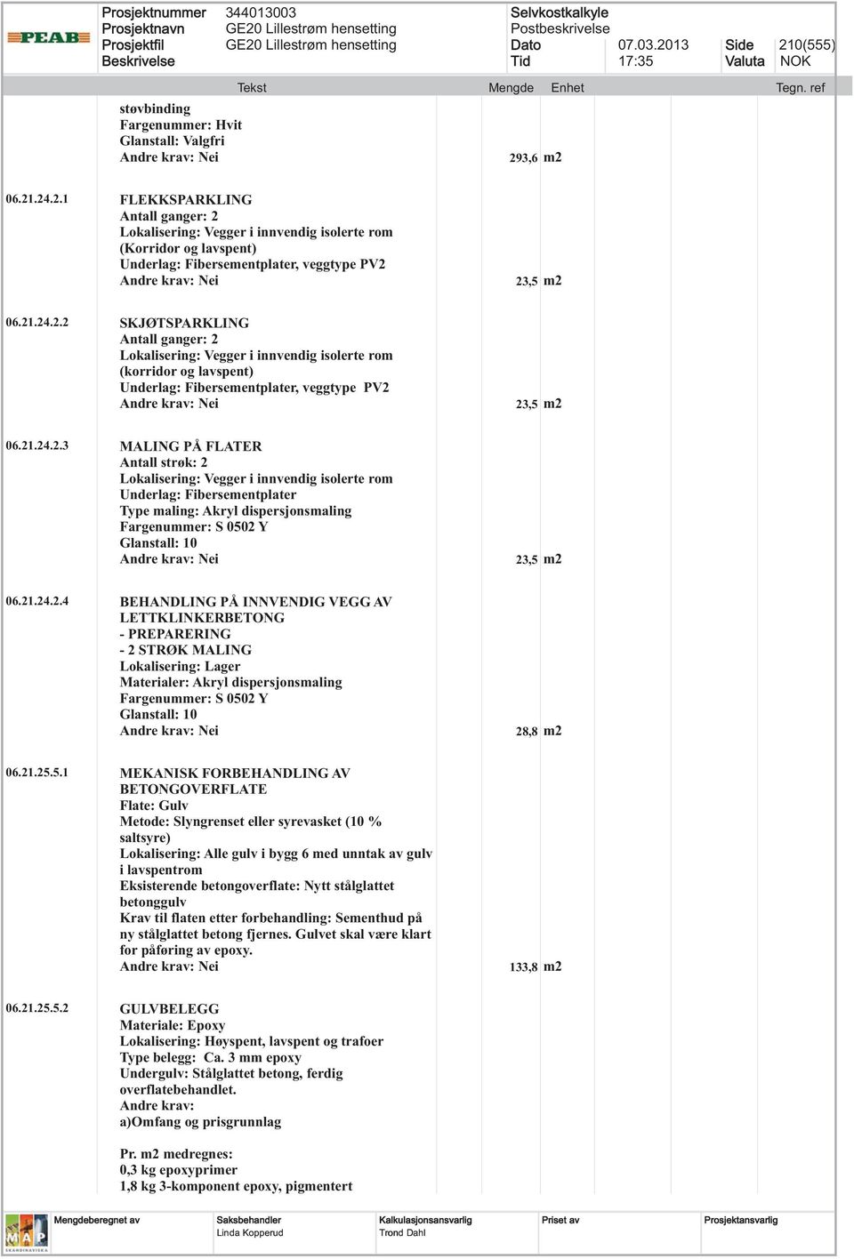 21.24.2.4 BEHANDLING PÅ INNVENDIG VEGG AV LETTKLINKERBETONG - PREPARERING - 2 STRØK MALING Lokalisering: Lager Materialer: Akryl dispersjonsmaling Fargenummer: S 0502 Y Glanstall: 10 28,8 m2 06.21.25.