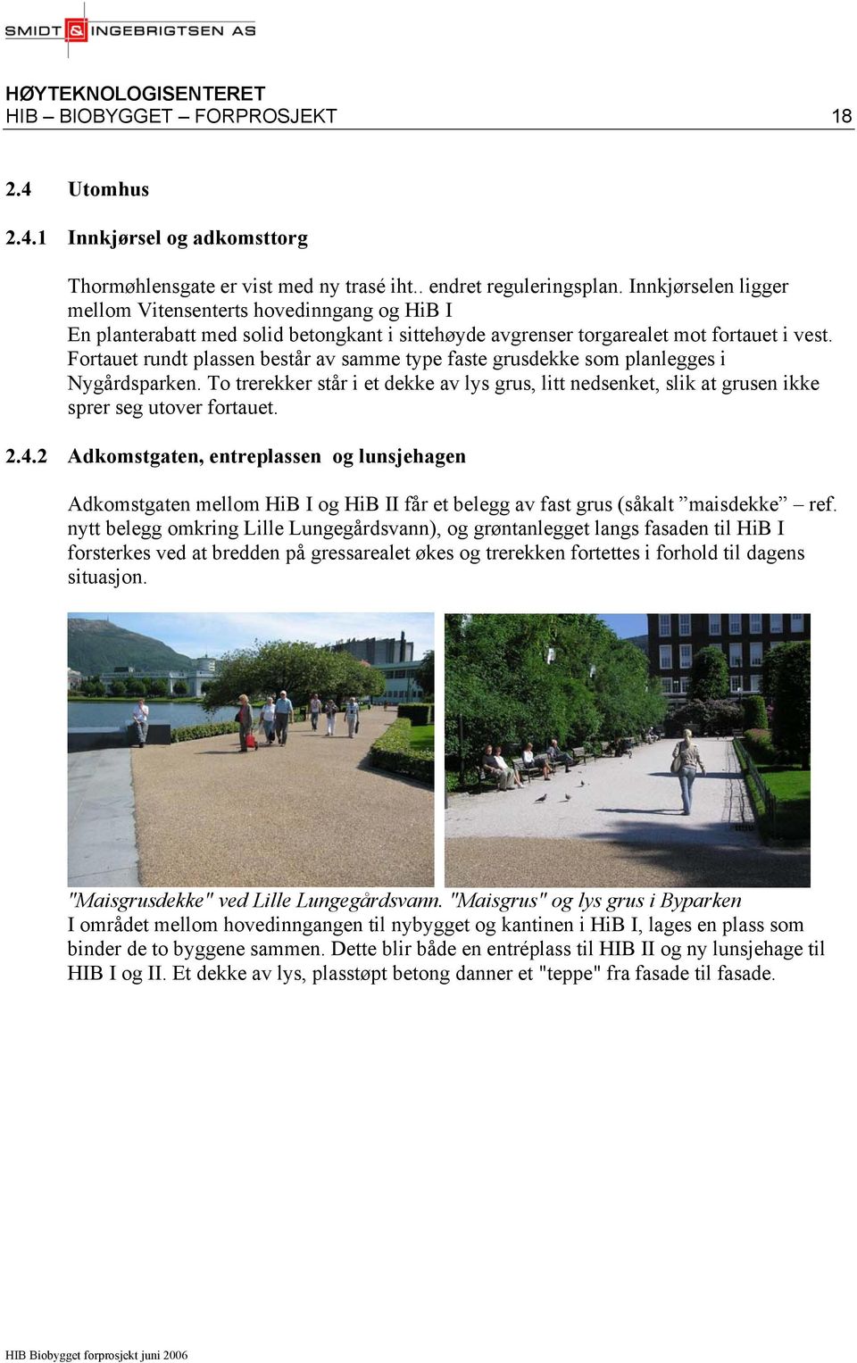 Fortauet rundt plassen består av samme type faste grusdekke som planlegges i Nygårdsparken. To trerekker står i et dekke av lys grus, litt nedsenket, slik at grusen ikke sprer seg utover fortauet. 2.