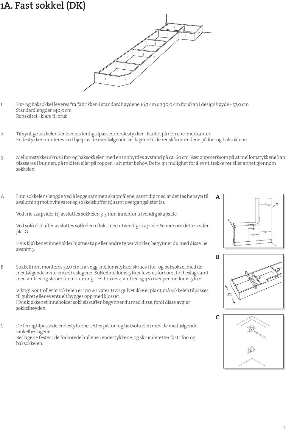 ndestykker monteres ved hjelp av de medfølgende beslagene til de renskårne endene på for- og baksoklene. 3 Mellomstykker skrus i for- og baksokkelen med en innbyrdes avstand på ca. 60 cm.