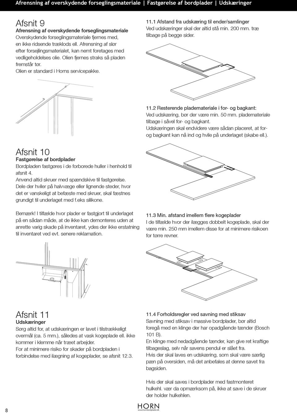 Olien er standard i Horns servicepakke. 11.1 Afstand fra udskæring til ender/samlinger Ved udskæringer skal der altid stå min. 200 mm. træ tilbage på begge sider. 11.2 Resterende plademateriale i for- og bagkant: Ved udskæring, bør der være min.