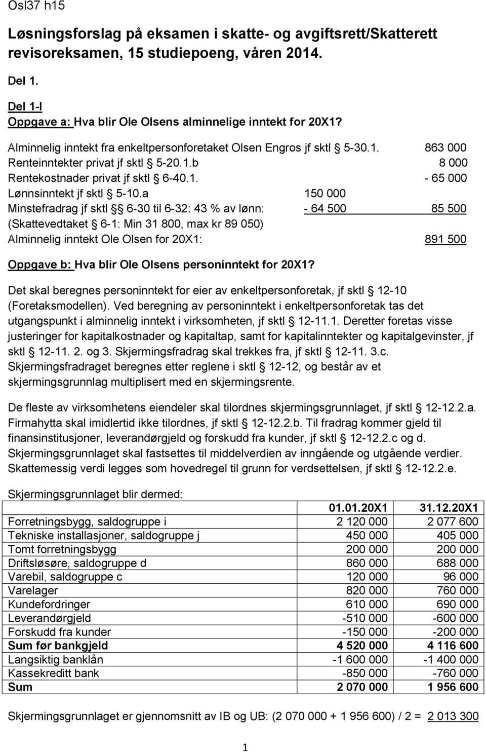 a 150 000 Minstefradrag jf sktl 6-30 til 6-32: 43 % av lønn: - 64 500 85 500 (Skattevedtaket 6-1: Min 31 800, max kr 89 050) Alminnelig inntekt Ole Olsen for 20X1: 891 500 Oppgave b: Hva blir Ole