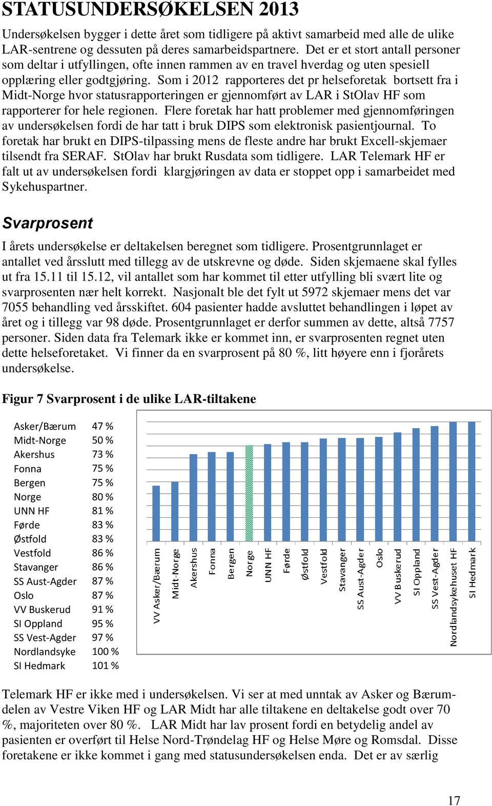 Som i 2012 rapporteres det pr helseforetak bortsett fra i Midt-Norge hvor statusrapporteringen er gjennomført av LAR i StOlav HF som rapporterer for hele regionen.