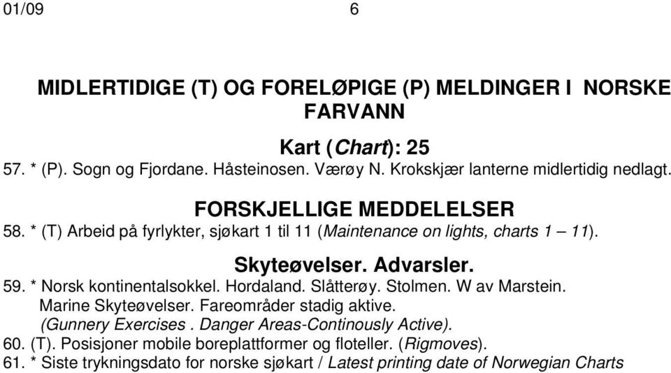 Skyteøvelser. Advarsler. 59. * Norsk kontinentalsokkel. Hordaland. Slåtterøy. Stolmen. W av Marstein. Marine Skyteøvelser. Fareområder stadig aktive.