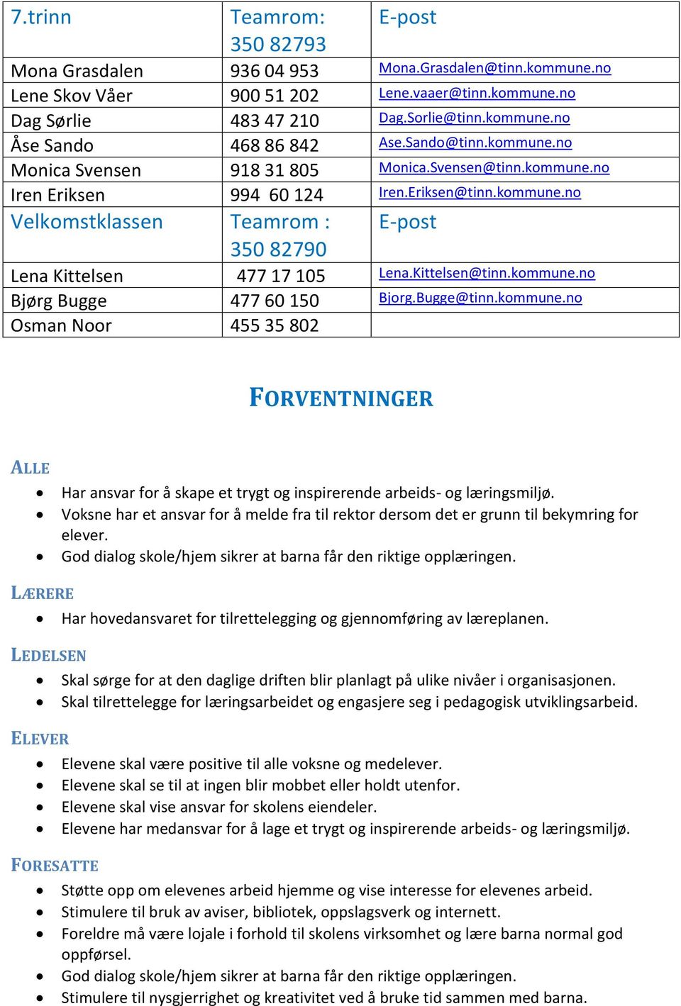 Kittelsen@tinn.kommune.no Bjørg Bugge 477 60 150 Bjorg.Bugge@tinn.kommune.no Osman Noor 455 35 802 FORVENTNINGER ALLE Har ansvar for å skape et trygt og inspirerende arbeids- og læringsmiljø.