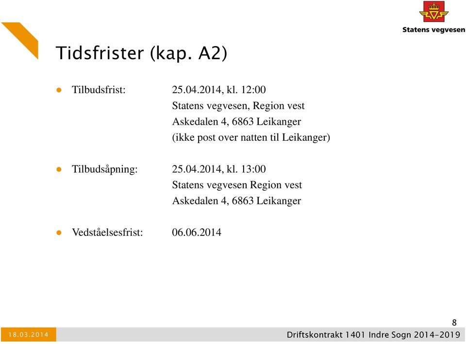 post over natten til Leikanger) Tilbudsåpning: 25.04.2014, kl.