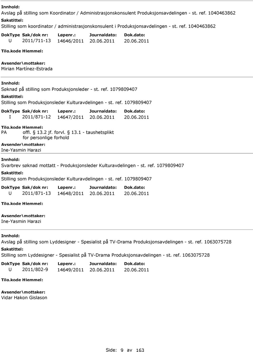 1079809407 2011/871-12 14647/2011 ne-yasmin Harazi Svarbrev søknad mottatt - Produksjonsleder Kulturavdelingen - st.