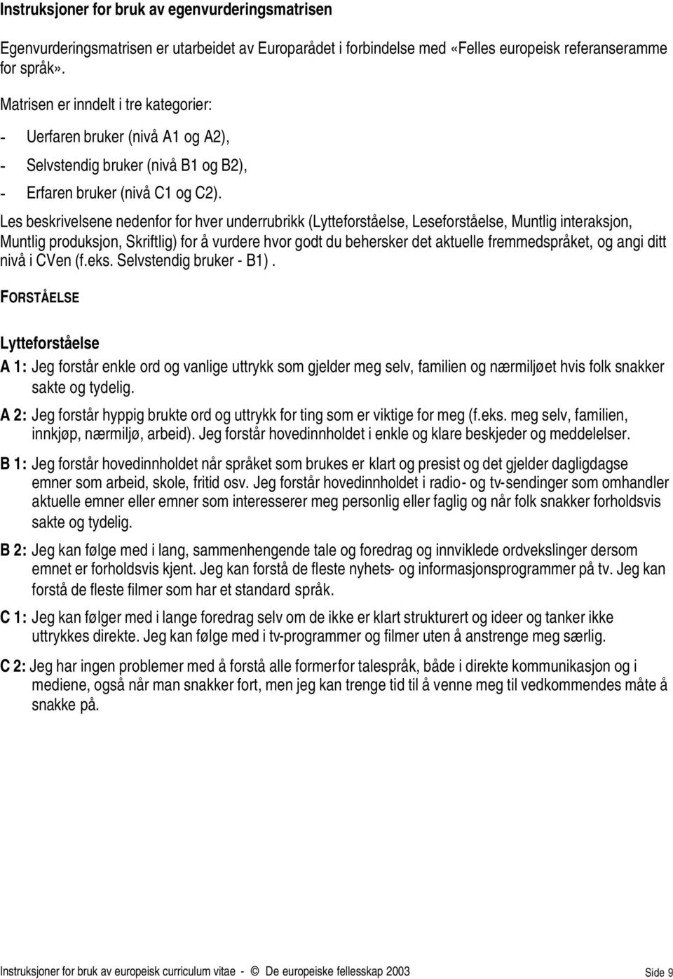 Les beskrivelsene nedenfor for hver underrubrikk (Lytteforståelse, Leseforståelse, Muntlig interaksjon, Muntlig produksjon, Skriftlig) for å vurdere hvor godt du behersker det aktuelle