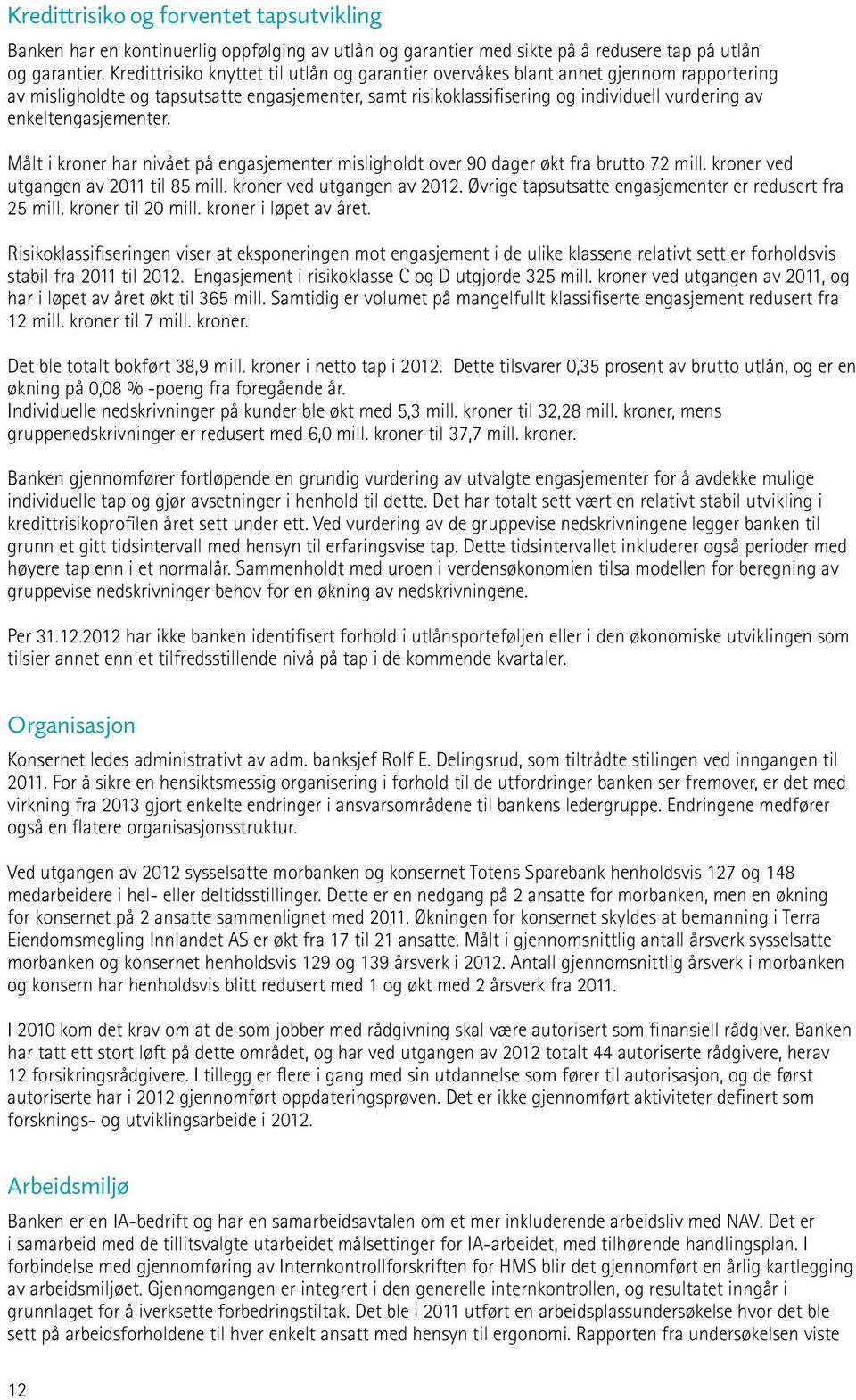 enkeltengasjementer. Målt i kroner har nivået på engasjementer misligholdt over 90 dager økt fra brutto 72 mill. kroner ved utgangen av 2011 til 85 mill. kroner ved utgangen av 2012.