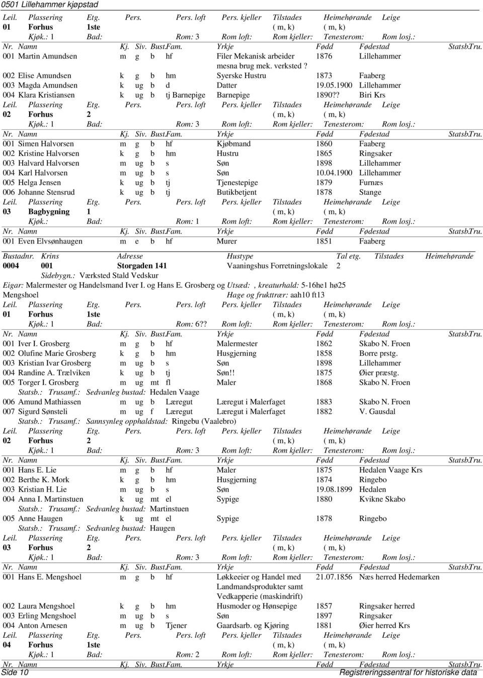 1900 Lillehammer 004 Klara Kristiansen k ug b tj Barnepige Barnepige 1890?? Biri Krs 02 Forhus 2 ( m, k) ( m, k) Kjøk.: 1 Bad: Rom: 3 Rom loft: Rom kjeller: Tenesterom: Rom losj.